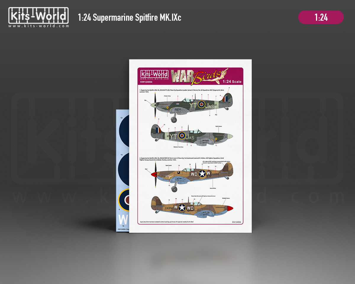 Kitsworld Kitsworld  - 1:24 Scale Decal/Mask Supermarine Spitfire Mk. IXc KW124004 MH358/YT-JAS, No. 65 Squadron. EN354/WD-W, 4th Fighter Squadron 